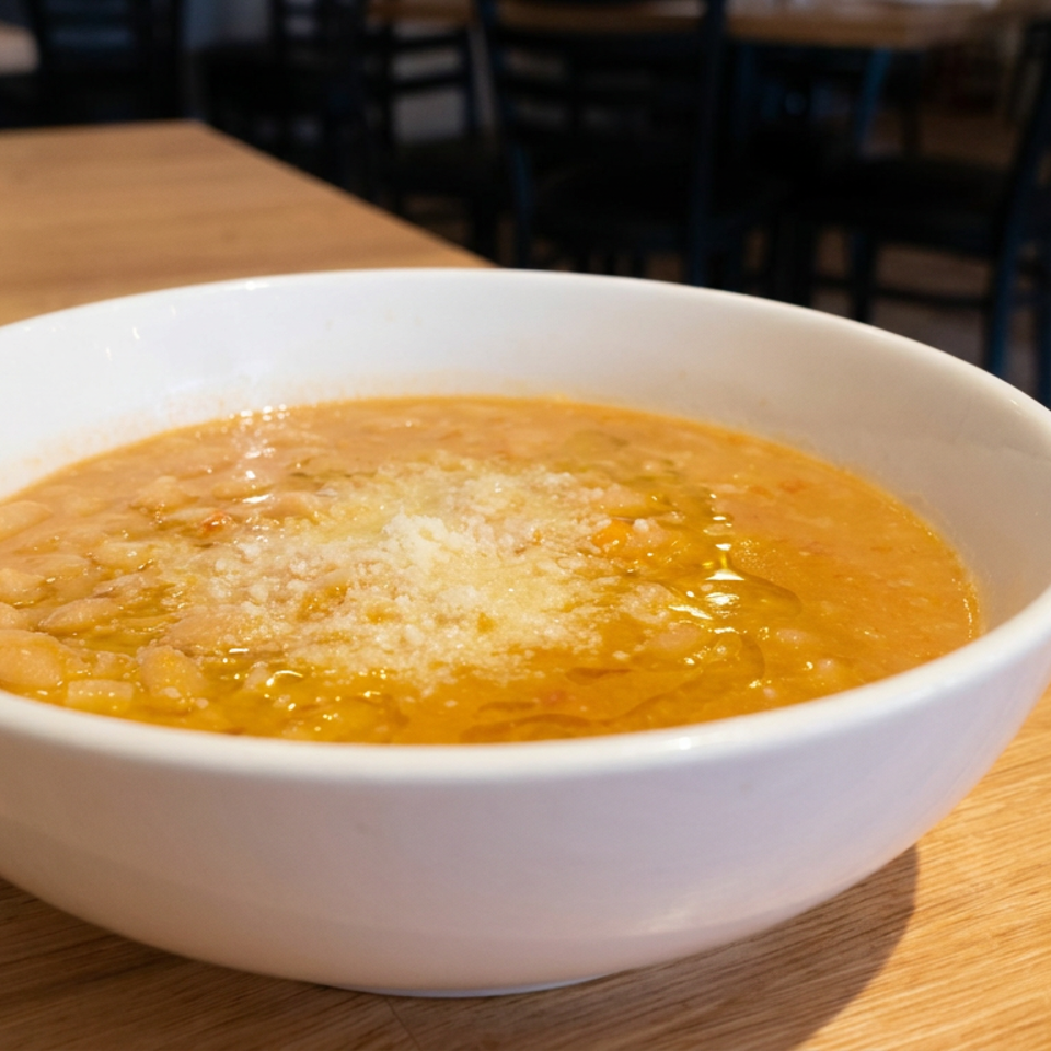 Bowl of golden bean soup topped with grated cheese and olive oil on a wooden restaurant table.