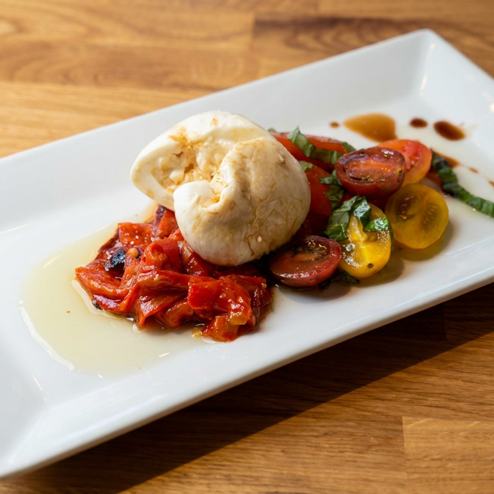 Burrata cheese with roasted red peppers, colorful heirloom tomatoes, basil, and olive oil on a white rectangular plate.