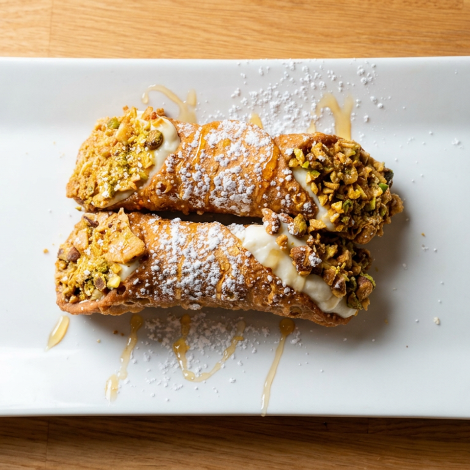 Two pistachio cannoli filled with cream, dusted with powdered sugar, and drizzled with caramel on a white plate.
