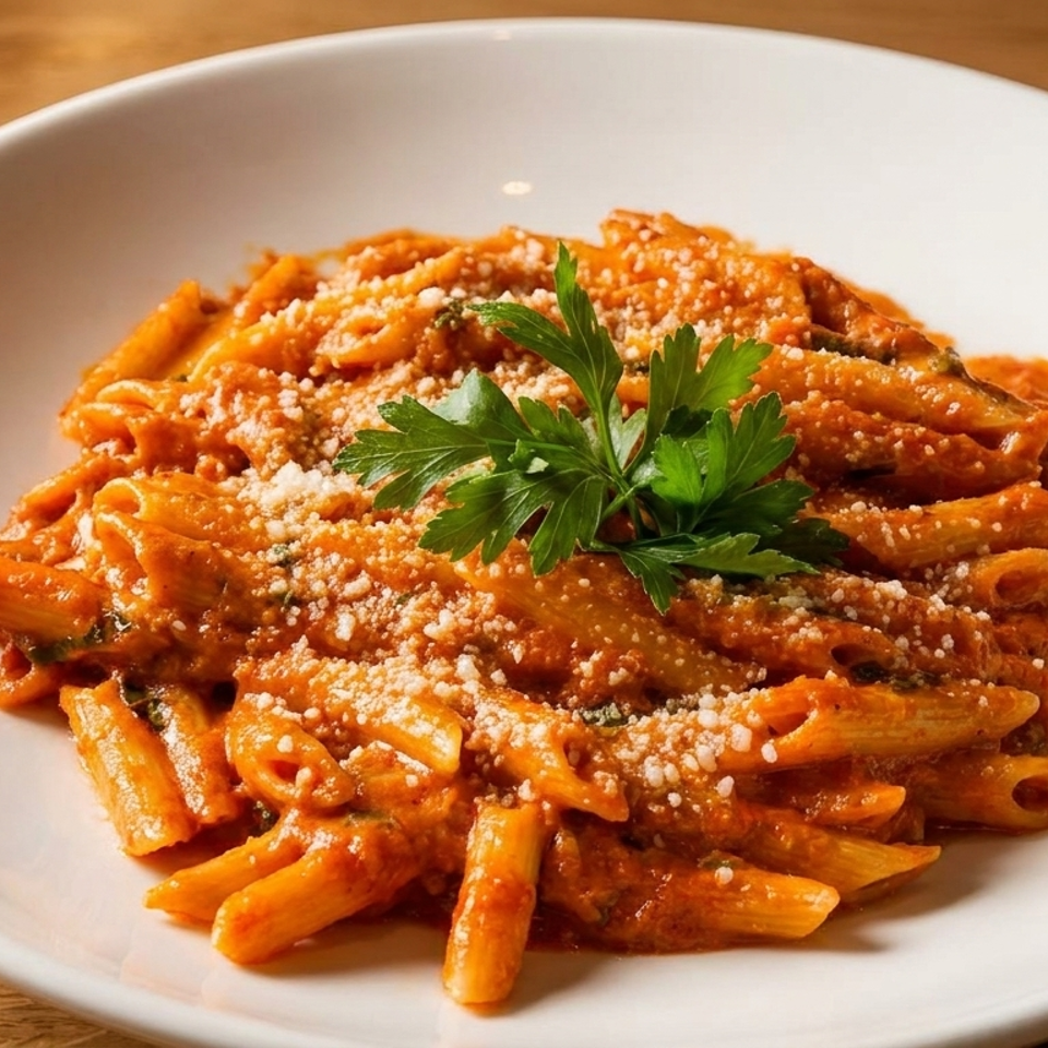 Penne pasta coated in creamy tomato sauce, topped with grated cheese and fresh parsley on a white plate.