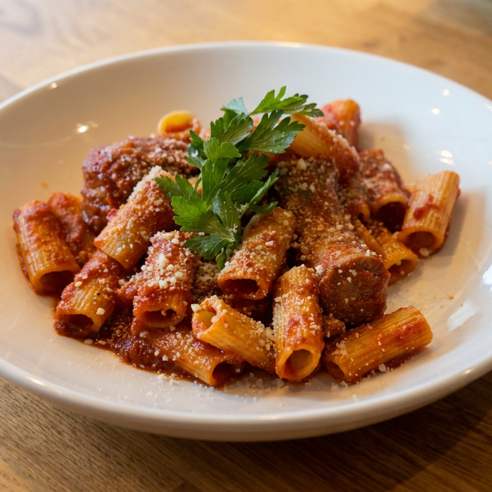 Rigatoni pasta with tomato sauce, sausage, grated cheese, and parsley served in a white bowl on a wooden table.