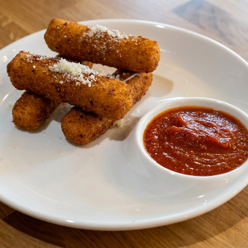 Crispy breaded mozzarella sticks topped with grated cheese, served with marinara sauce on a white plate.